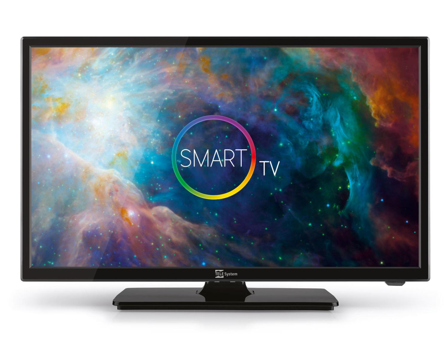 Una Smart TV nera con uno sfondo di nebulosa colorata. La parola SMART è sullo schermo.