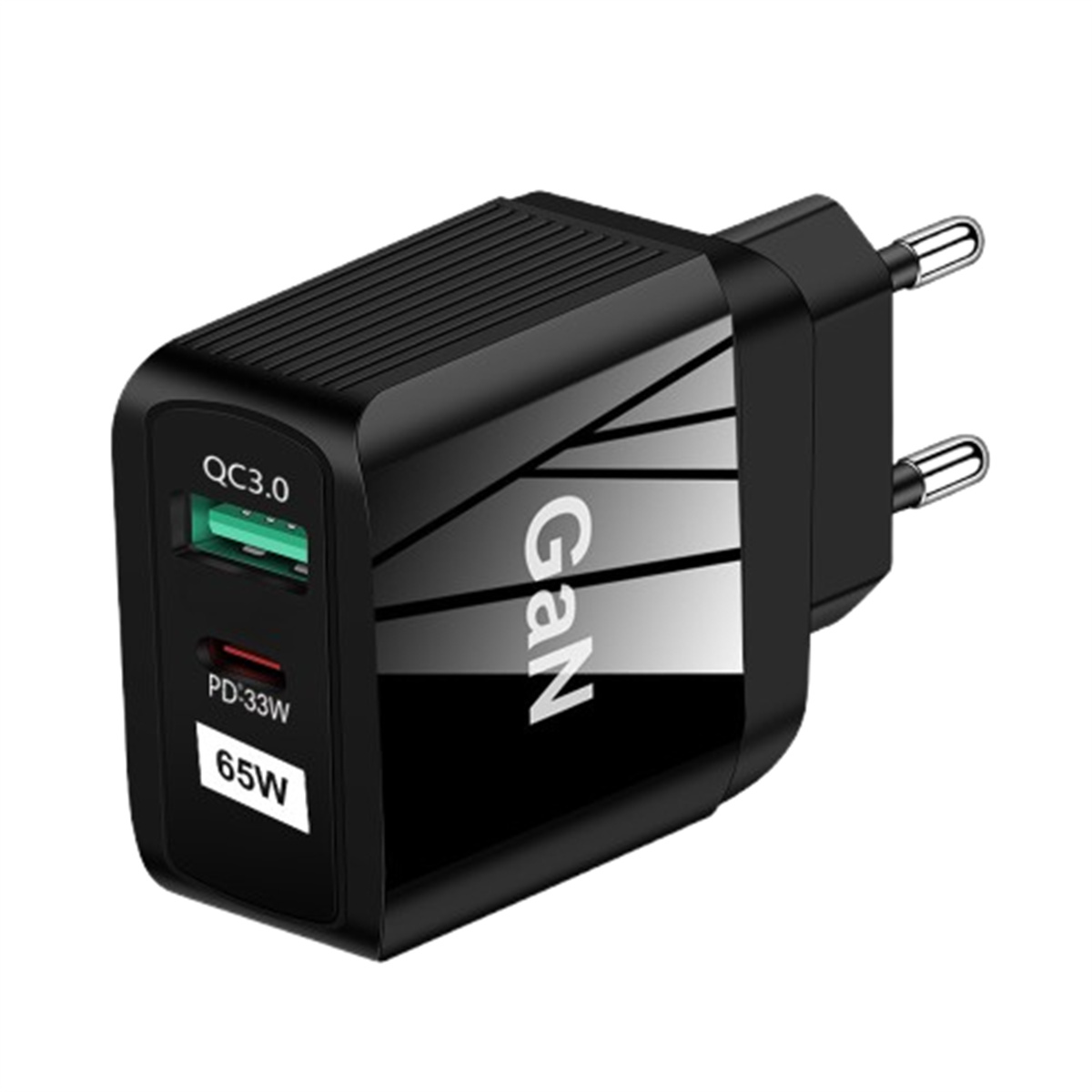 Ein schwarzer Ladestecker mit zwei Anschlüssen. Der Text QC3.0, PD:33W und 65W ist sichtbar.