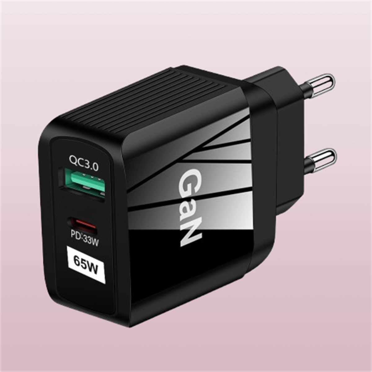 Schwarz-weißes Ladegerät mit zwei Anschlüssen. Zeigt QC3.0 und PD:33W, mit 65W-Etikett.