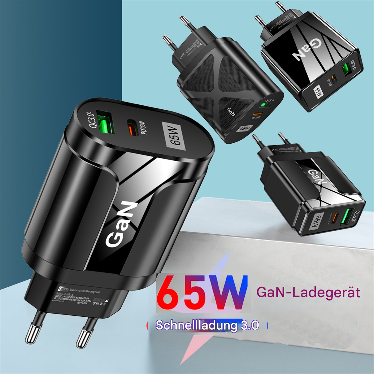 Mehrere schwarze GaN-Ladegeräte mit 65W Ausgang, mit grünem USB-Anschluss.