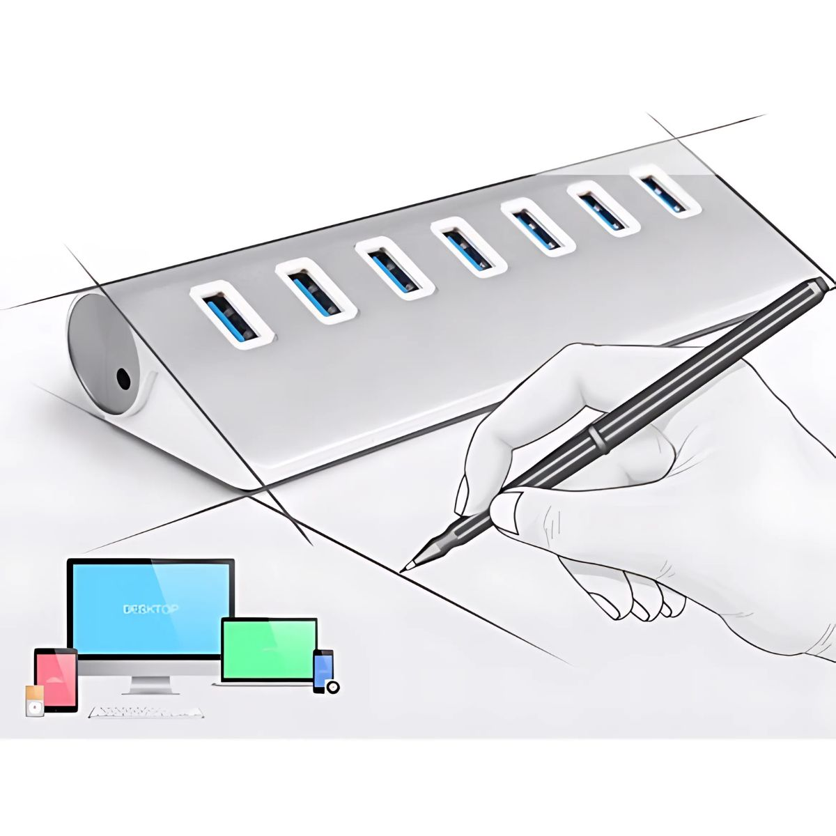 Srebrny hub USB w trakcie rysowania. Ręka z długopisem. Pokazuje kilka ekranów.