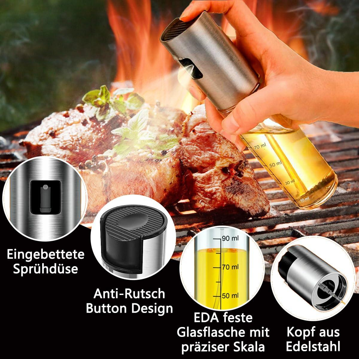 Ölsprühflasche aus Edelstahl, mit vergrößerten Details und Text auf Deutsch.