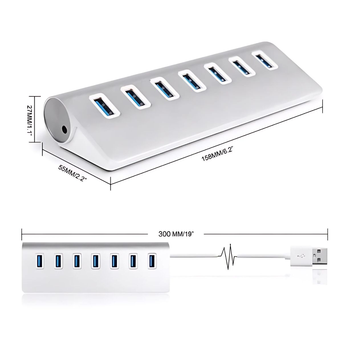 Szary hub USB z siedmioma portami. Widoczne są wymiary. Widoczny jest również kabel USB.