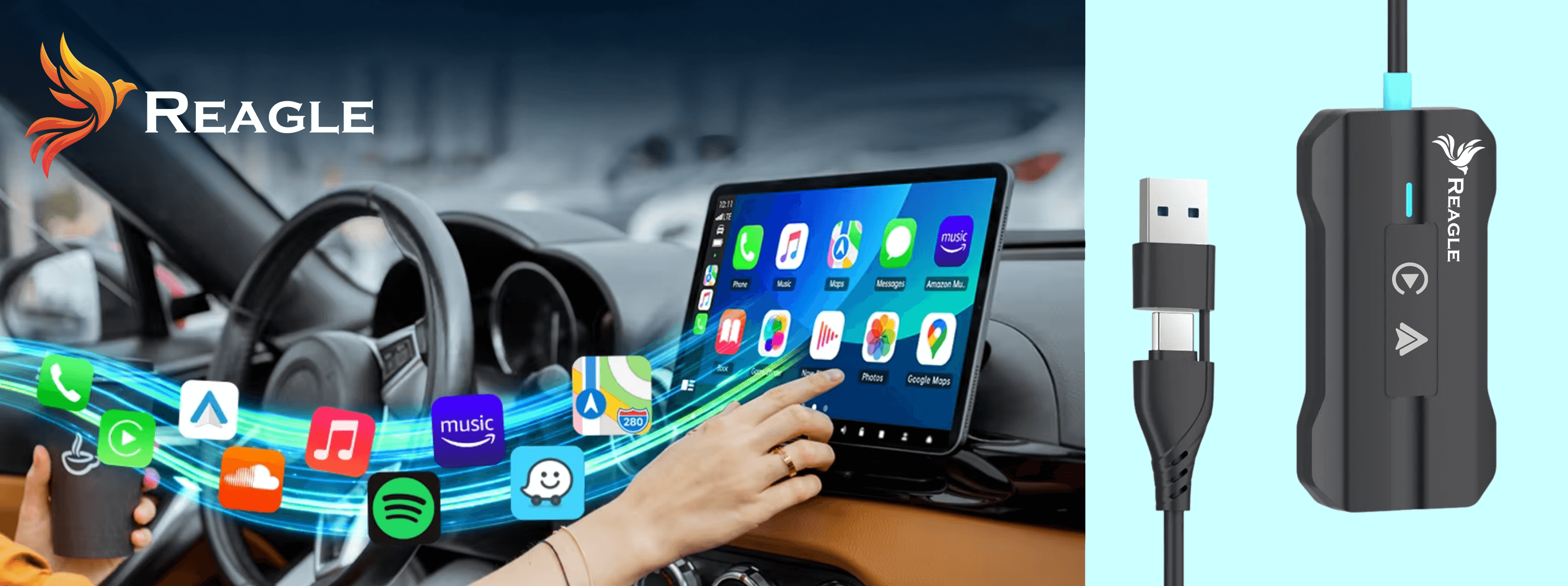 Deska rozdzielcza samochodu z tabletem z ikonami aplikacji, dłonią na ekranie i złączem.