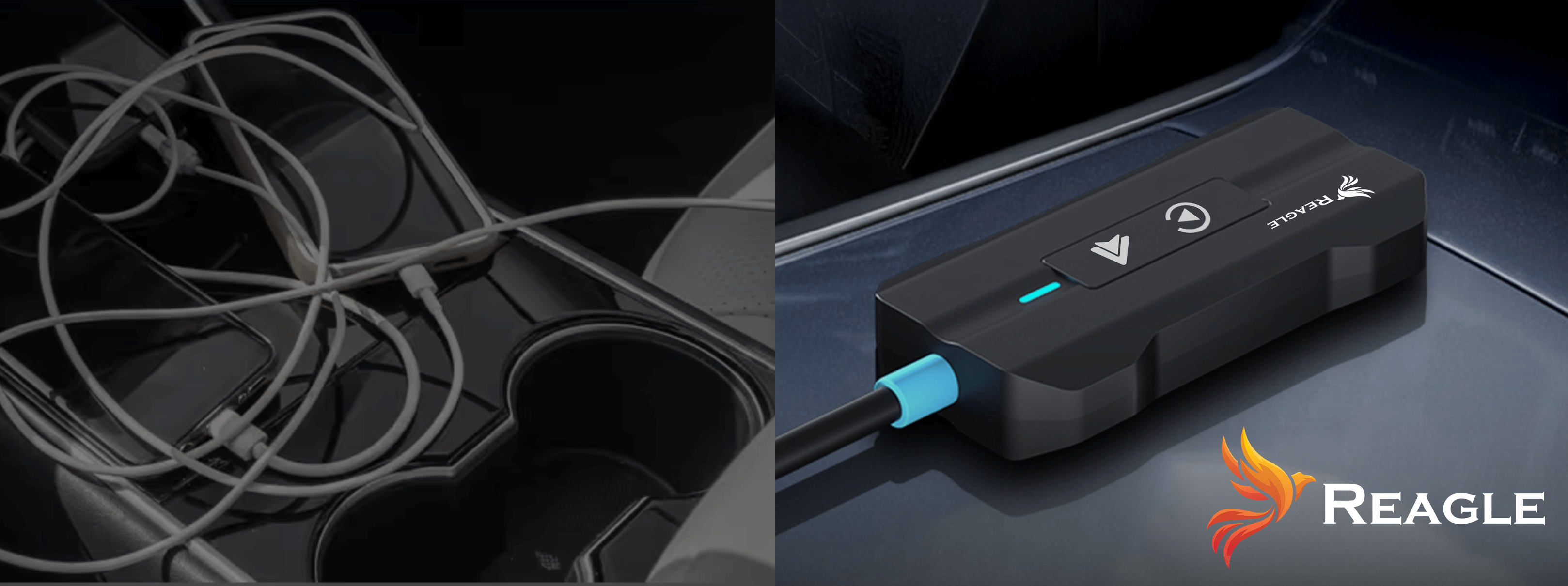 Wnętrze samochodu z telefonem i kablami ładowarki w uchwycie na kubek. Po prawej: ładowarka Reagle z logo.