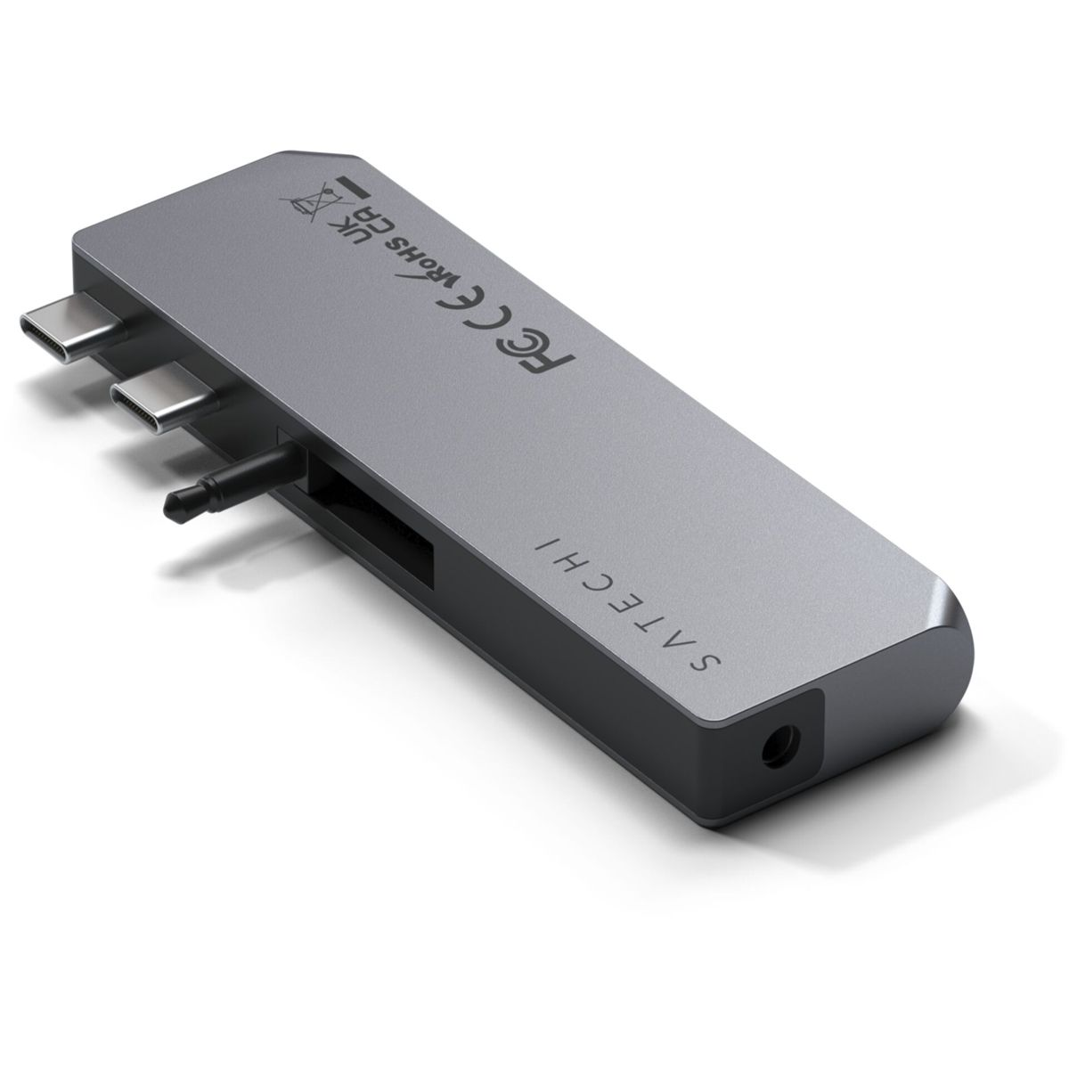 Hub USB-C grigio con più porte: USB-C, USB e jack audio.