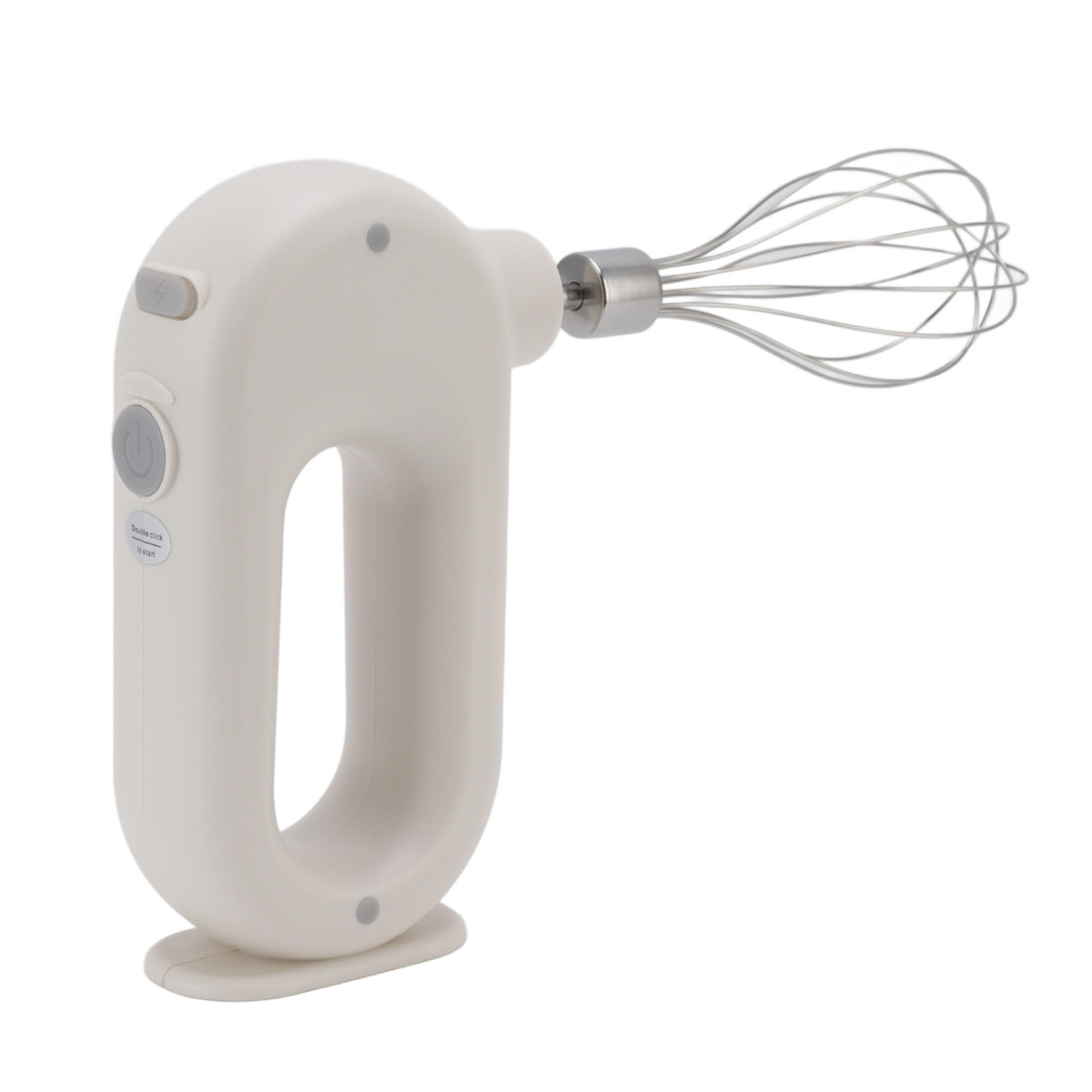 Ein weißer Handmixer mit Schneebesen. Der Mixer hat Ein- und Startknöpfe.