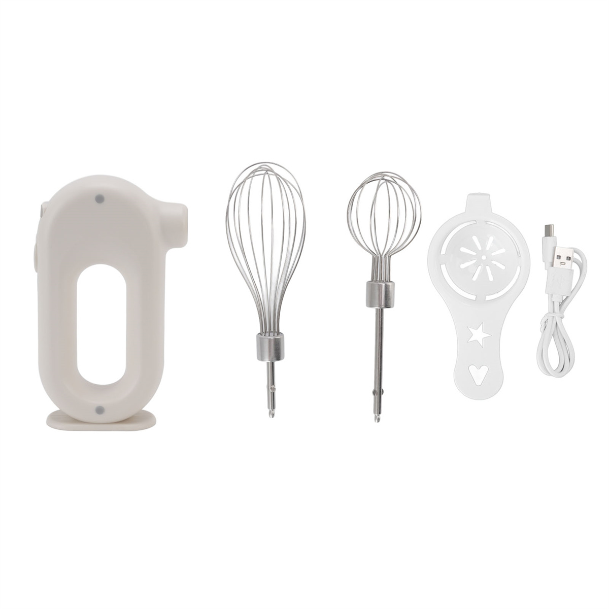 Weißer Handmixer mit Aufsätzen. Enthält Schneebesen, Rührbesen und Eiertrenner. USB-Kabel enthalten.