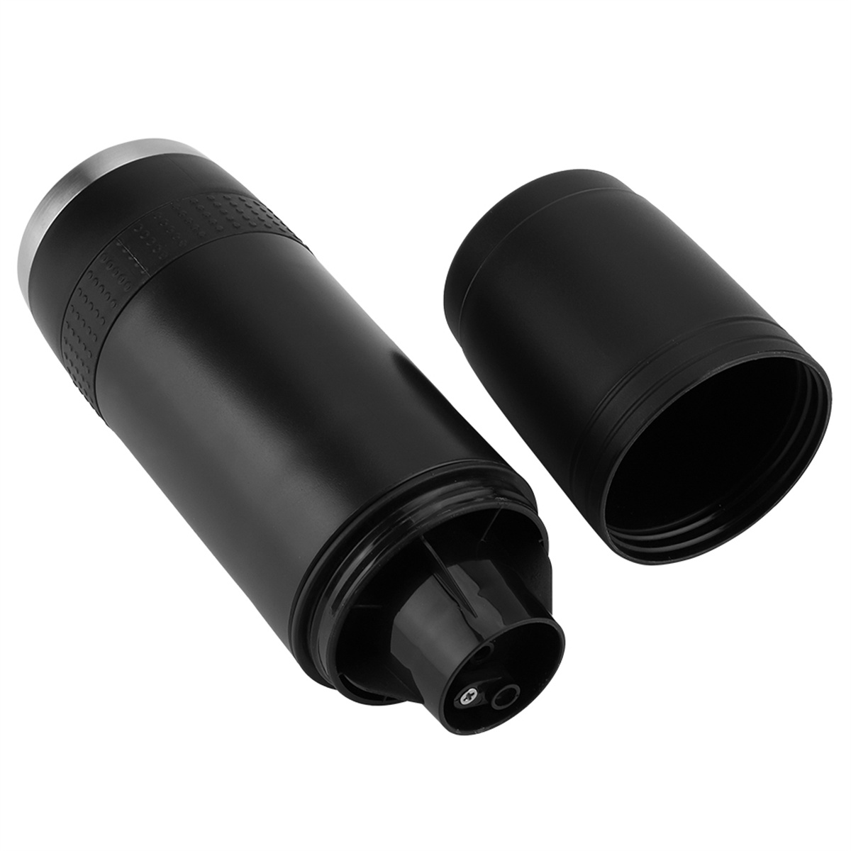 Schwarze Thermoskanne mit abgenommenem Deckel, Mechanismus innen sichtbar. Weißer HG.