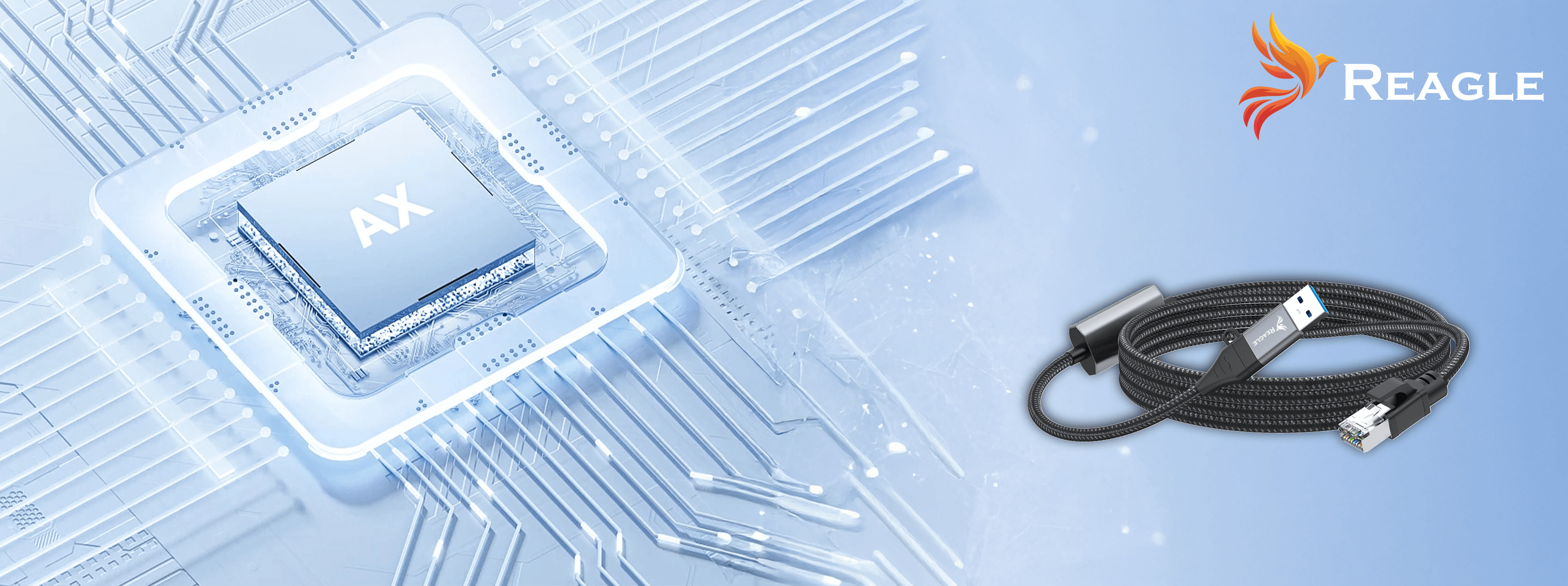 Obraz przedstawia chip komputera z kablem i logo Reagle. Tło to niebieski gradient.