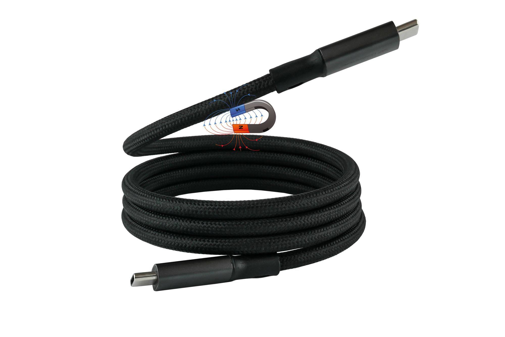 Schwarzes USB-C-Kabel. Magnetfeldlinien sind über dem Kabel gezeichnet.