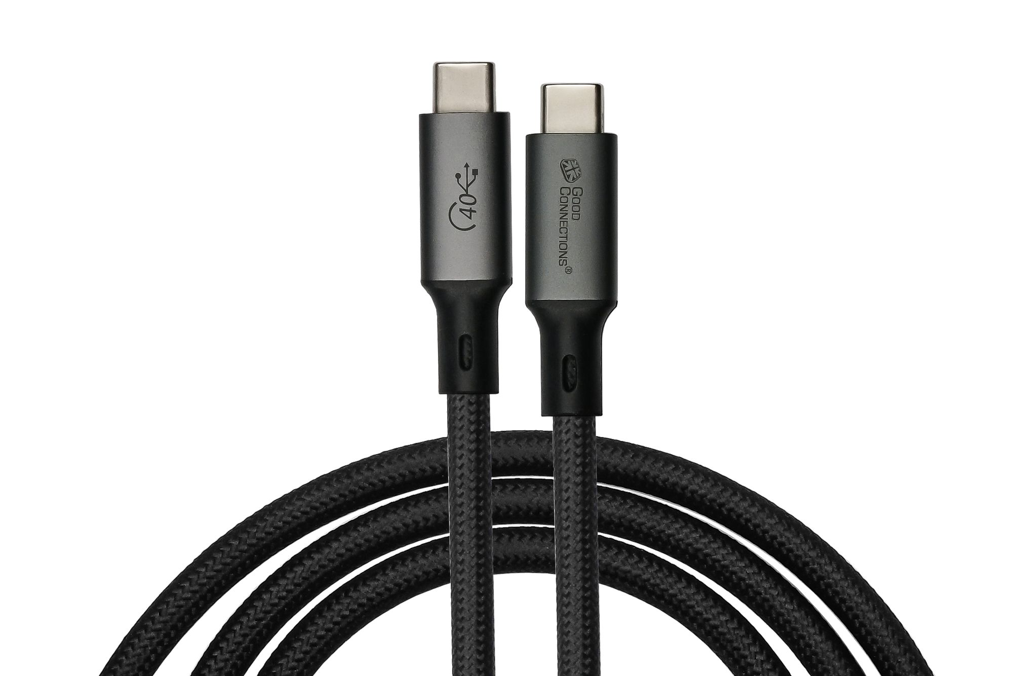 Schwarze und graue USB-C-Kabel mit Anschlüssen auf weißem Hintergrund.