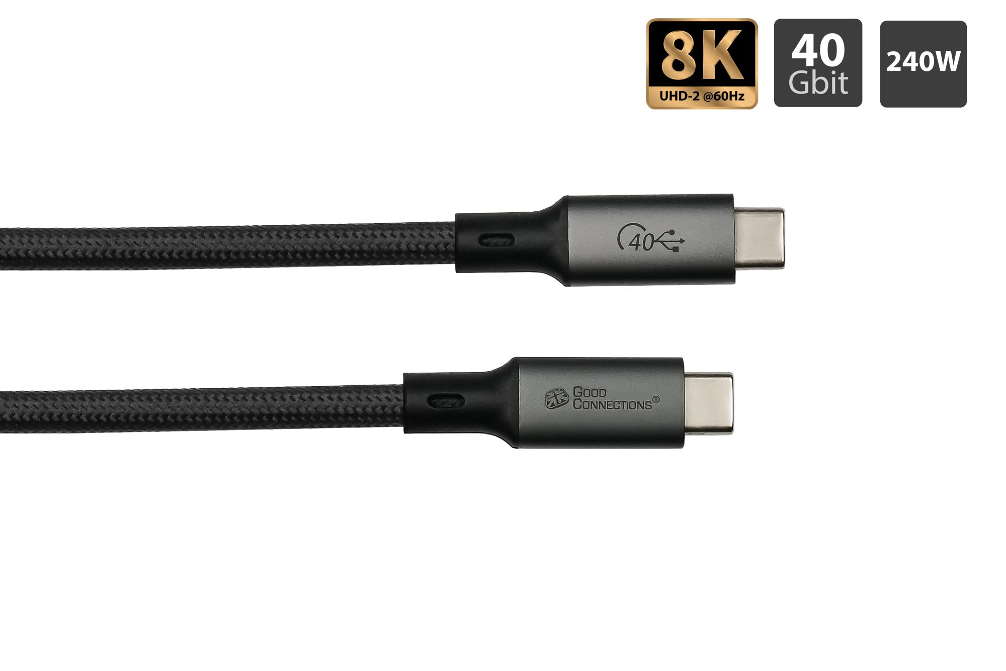 Zwei USB-C-Kabel, schwarz geflochten, mit 8K UHD, 40 Gbit und 240W Beschriftung.