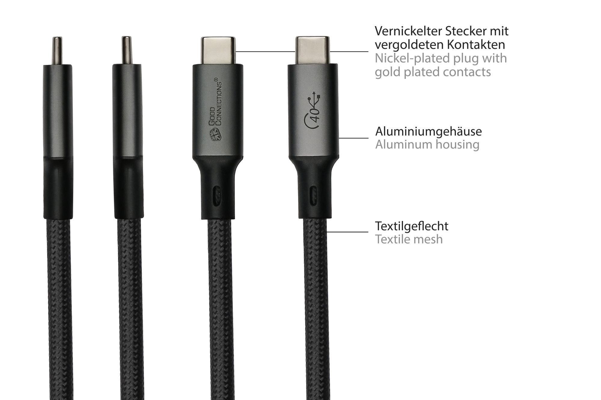 Vier Ladekabel. Vernickelter Stecker mit vergoldeten Kontakten. Aluminiumgehäuse.