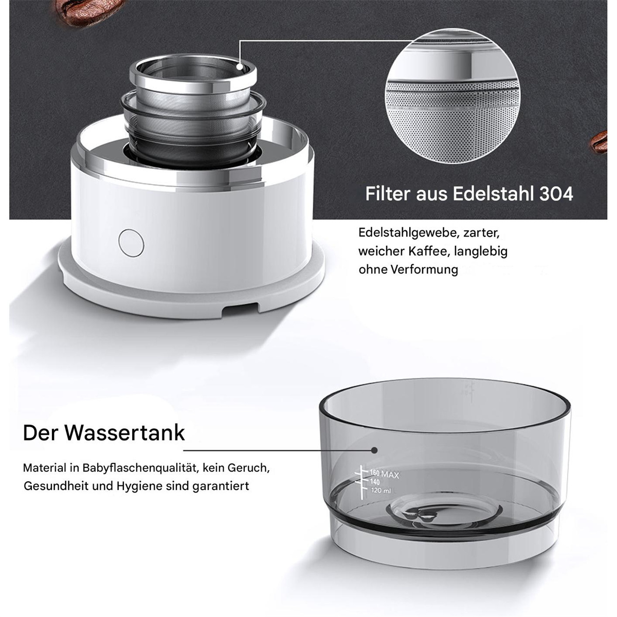Kaffeemaschinenteile mit deutschem Text auf schwarz-weißem Hintergrund.