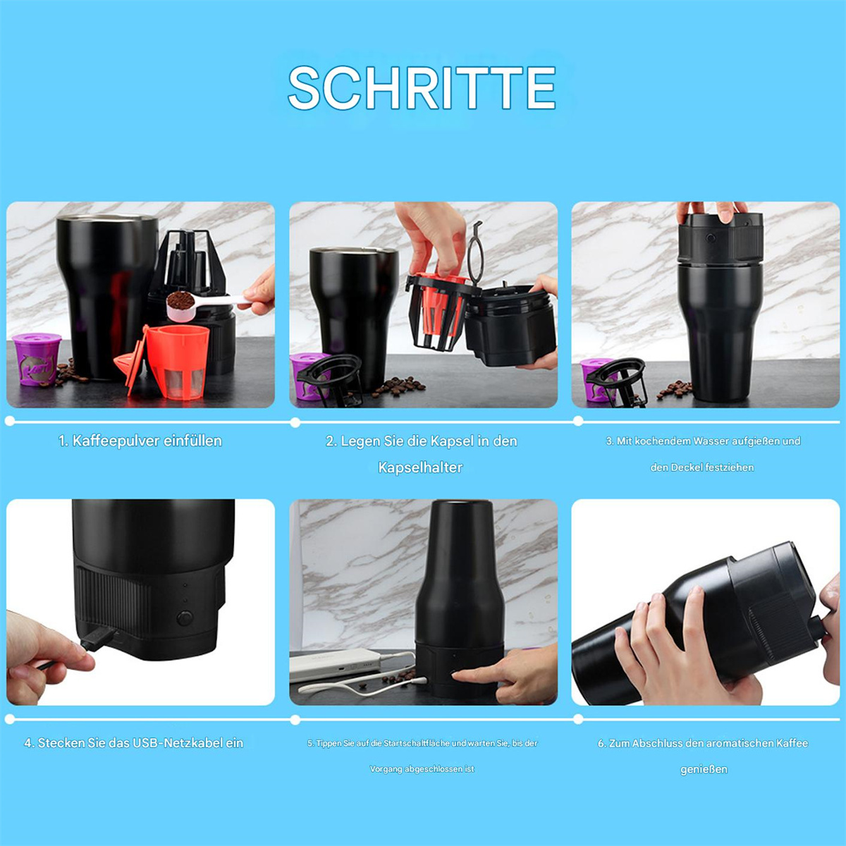 Schritt-für-Schritt-Anleitung zur Verwendung einer Kaffeemaschine. Die Bilder zeigen das Hinzufügen von Kaffee, das Zusammenbauen von Teilen und den Kaffeegenuss.