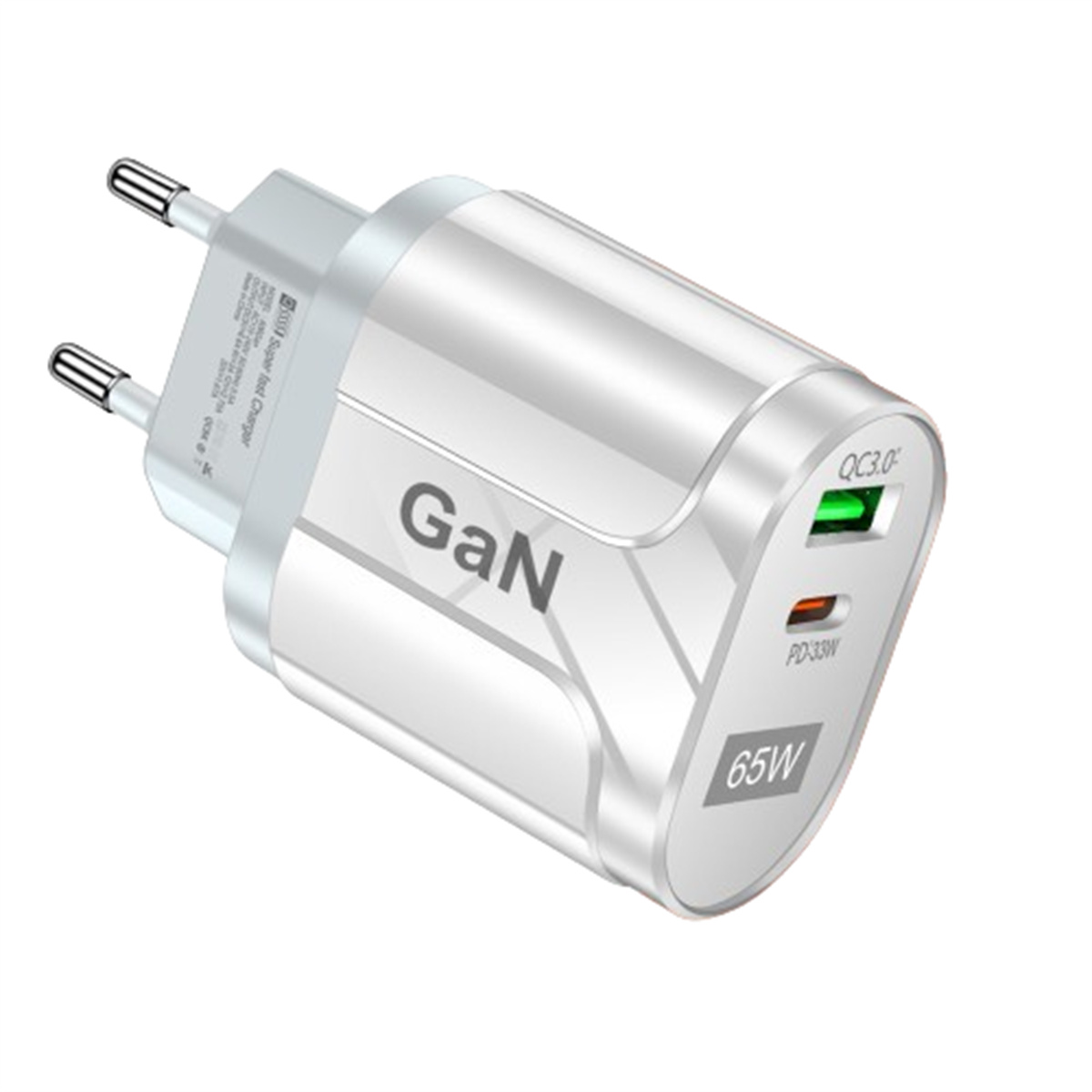 Weißes und silbernes GaN-Ladegerät mit zwei Stiften und zwei Anschlüssen. Textetiketten: QC3.0 und PD33W.