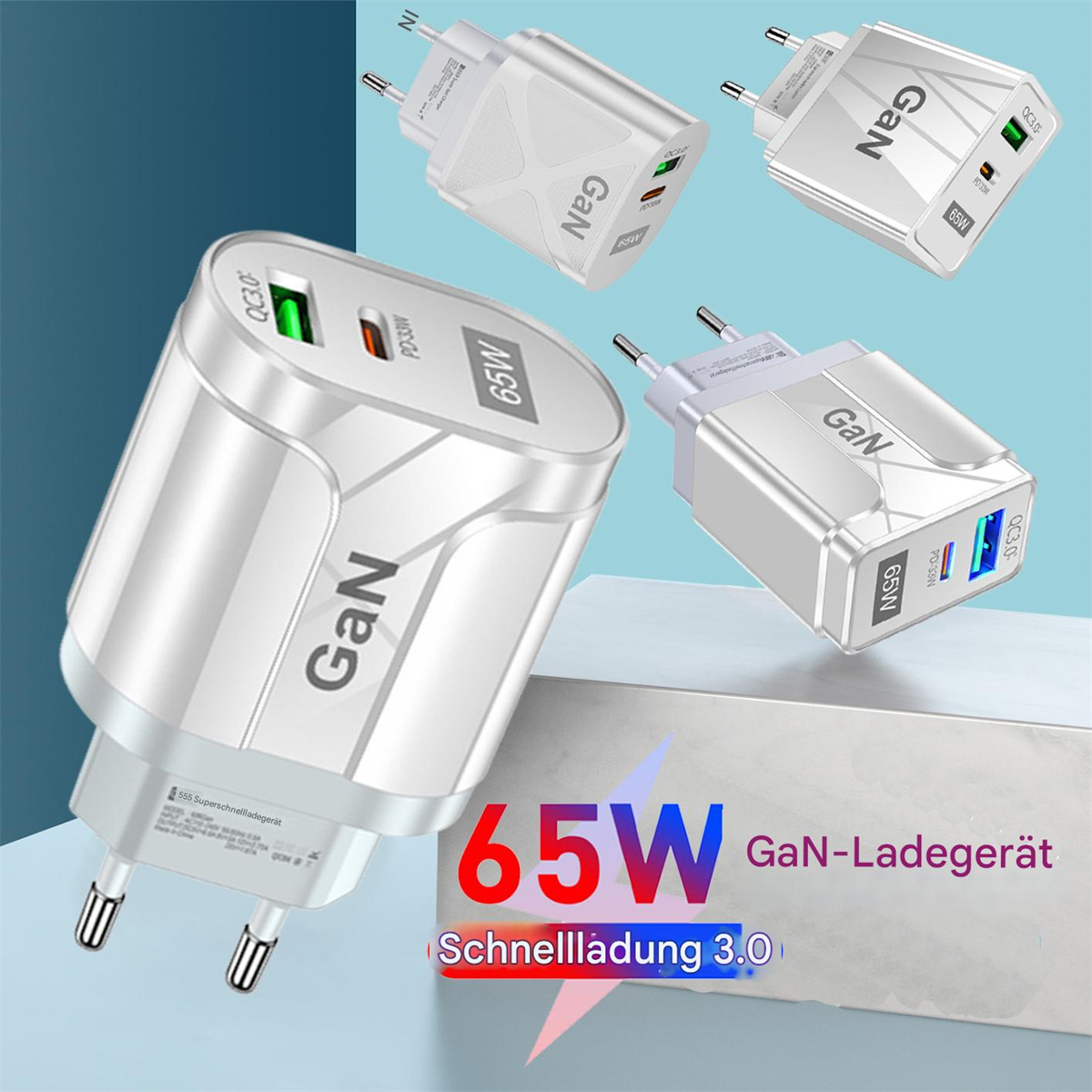 Eine Sammlung weißer 65-W-GaN-Ladegeräte mit Steckern, die Schnellladefähigkeiten mit einem 3.0-Label demonstrieren.