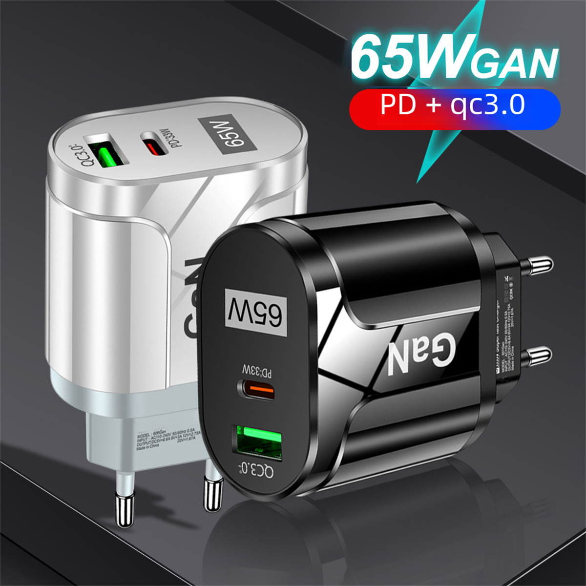 Zwei Ladegeräte, silbern und schwarz, mit 65W-Label, PD+qc3.0 und mehreren Ladeanschlüssen.