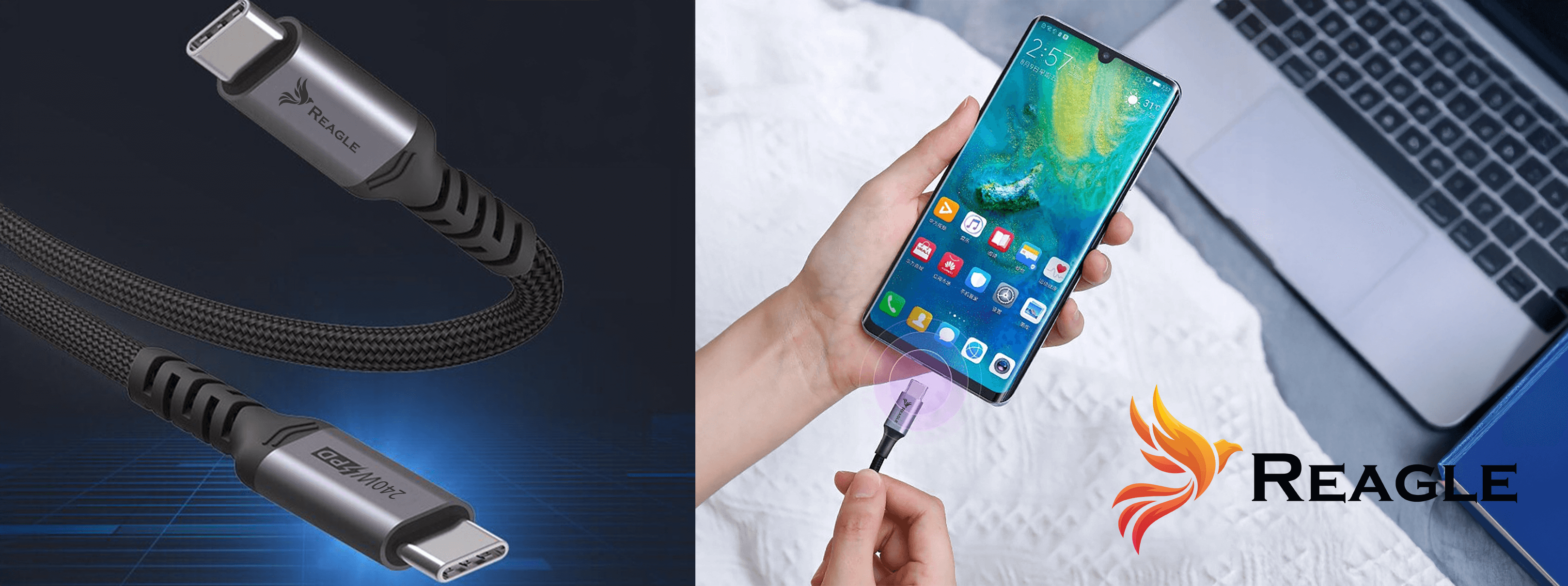 Dwa obrazy. Jeden pokazuje kabel ładujący, drugi pokazuje go podłączonego do telefonu. Widoczne logo Reagle.
