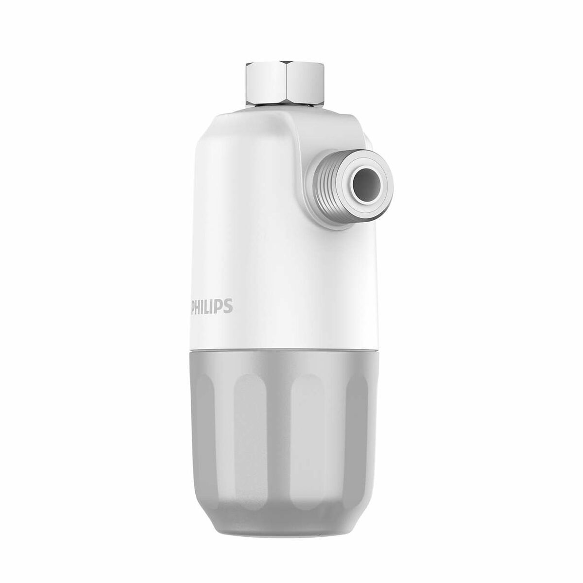 Weiß-grauer Wasserfilter. Es hat eine zylindrische Form und ein Gewinde oben.