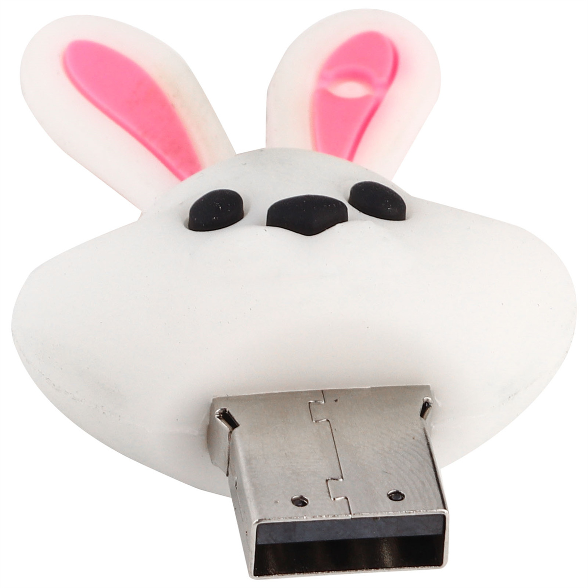 Weißer USB-Stick in Hasenform. Er hat rosa Ohren, schwarze Augen und einen metallischen USB-Anschluss unten.