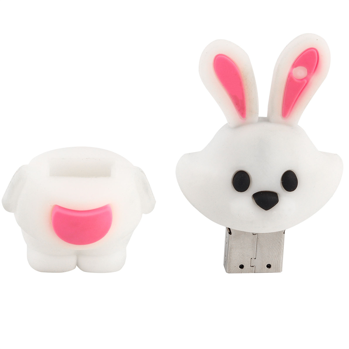 Weißer Hasen-USB-Stick mit rosa Ohren und einem rosa Po auf weißem Hintergrund.