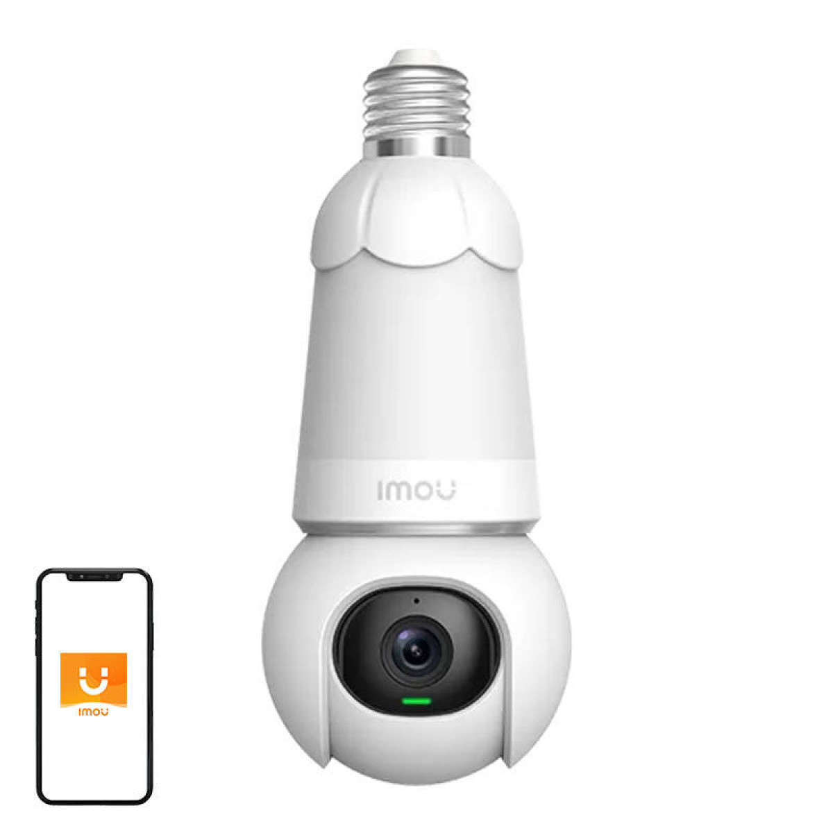 Biała żarówka smart z wbudowaną kamerą. Pokazano smartfon z logo aplikacji.