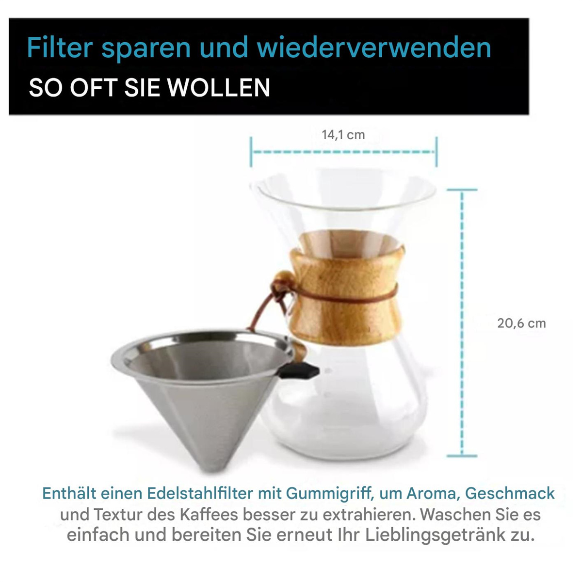 Ein Kaffeebereiter aus Glas mit Edelstahlfilter. Er hat einen Holzgriff und die Abmessungen sind auf dem Bild angegeben.