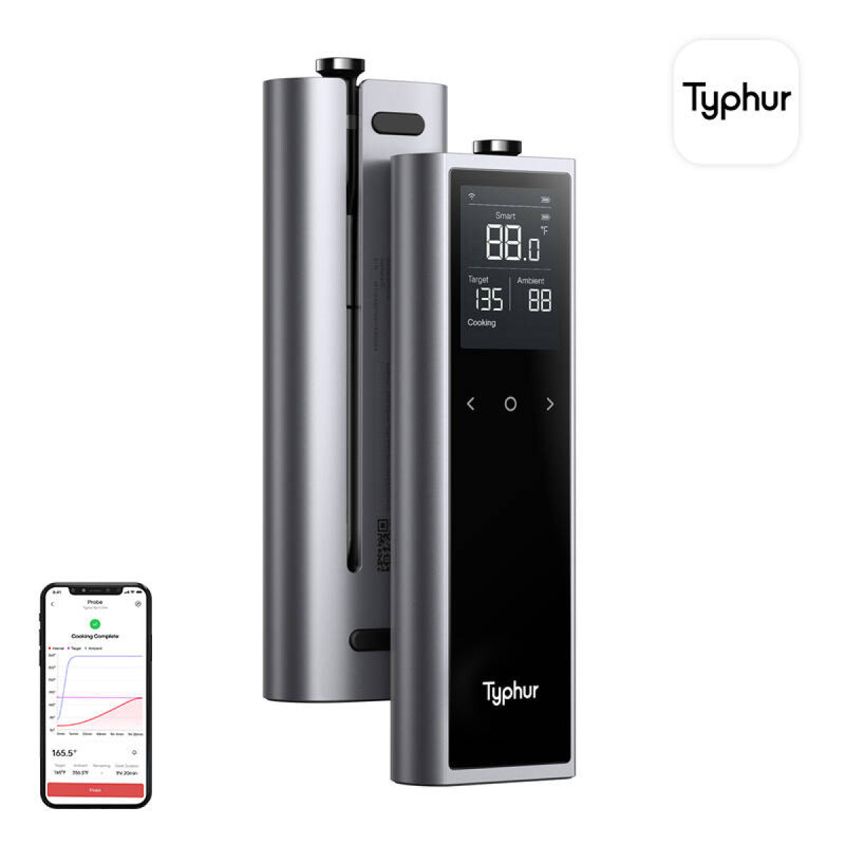 Ein intelligentes Fleischthermometer mit digitalem Bildschirm und App auf einem Telefon.