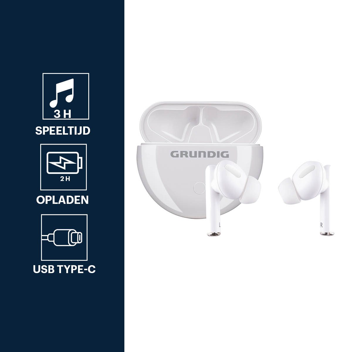 Weiße Grundig Ohrhörer in einem Etui mit Symbolen für 3h Spielzeit, 2h Aufladen und USB-C.