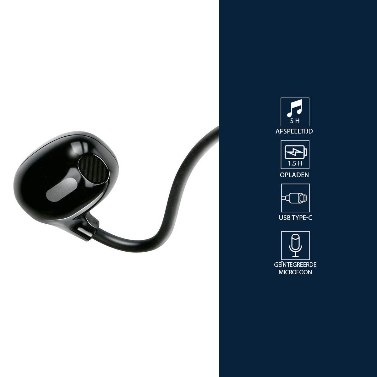 Schwarzer Ohrhörer mit gebogenem Stiel. Text zeigt 5H Spielzeit, 1,5H Ladezeit, USB-C und ein Mikrofon.