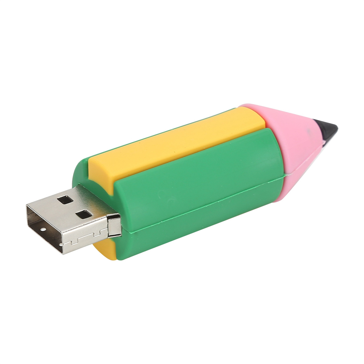 Ein USB-Stick in Bleistiftform, mit gelben, grünen und rosa Abschnitten.