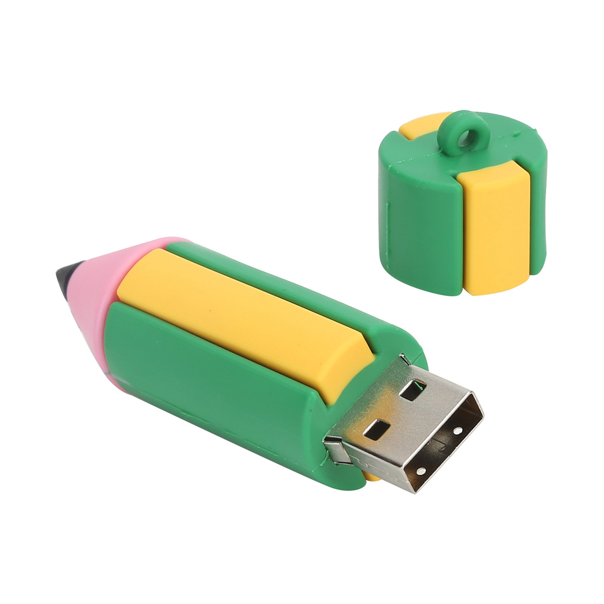 Bunter USB-Stick in Form eines Bleistifts. Er ist grün, gelb und pink mit USB-Anschluss.