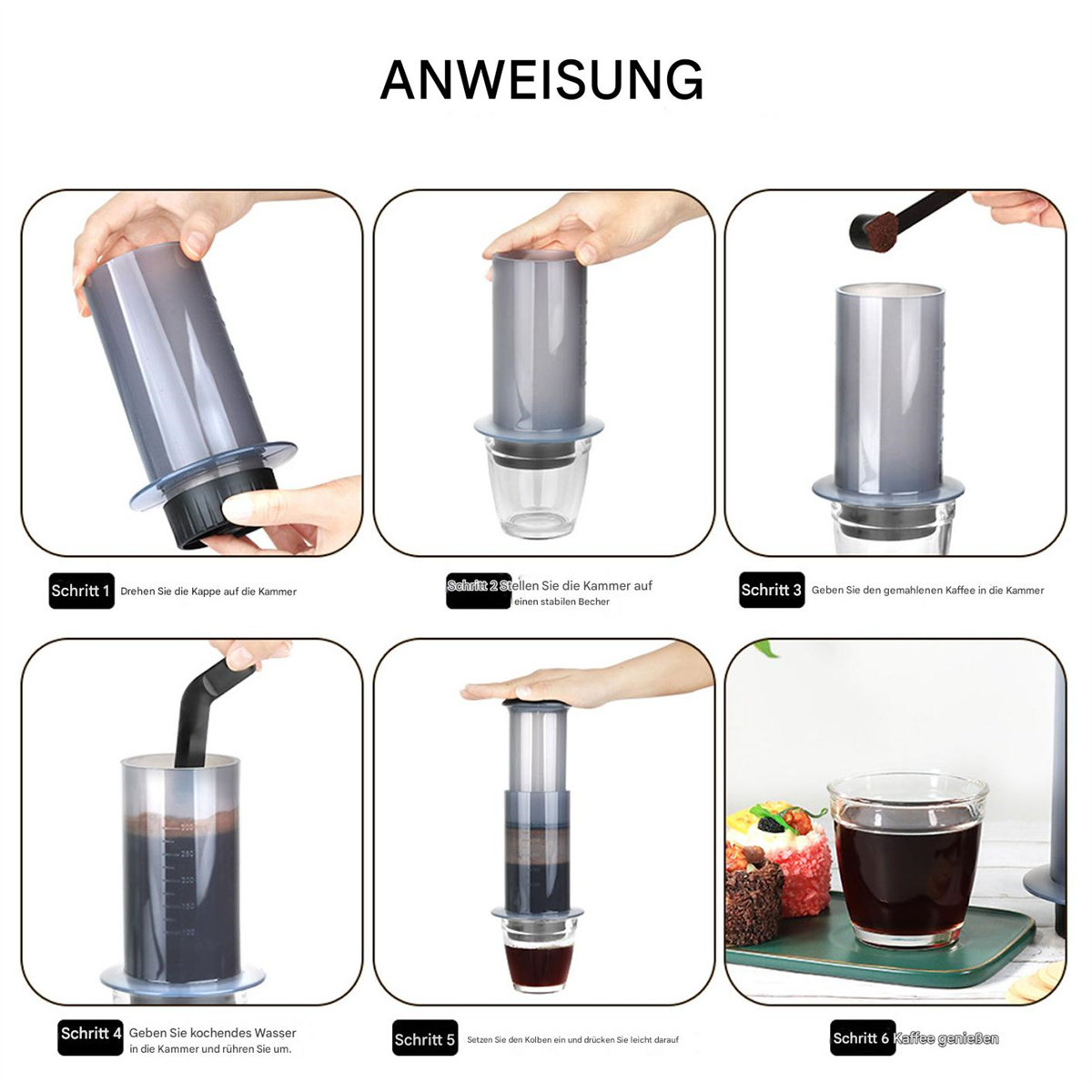 Anleitung zur Kaffeezubereitung. Schritte zeigen das Hinzufügen von Wasser, Kaffee und das Pressen. Kaffee ist das Ergebnis.