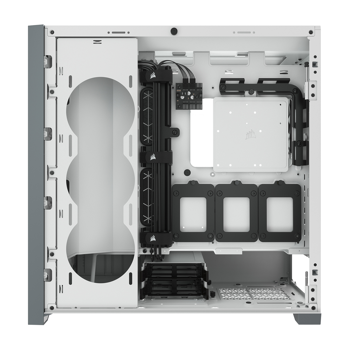 Interno di un case per computer bianco. Componenti e aree di montaggio visibili.