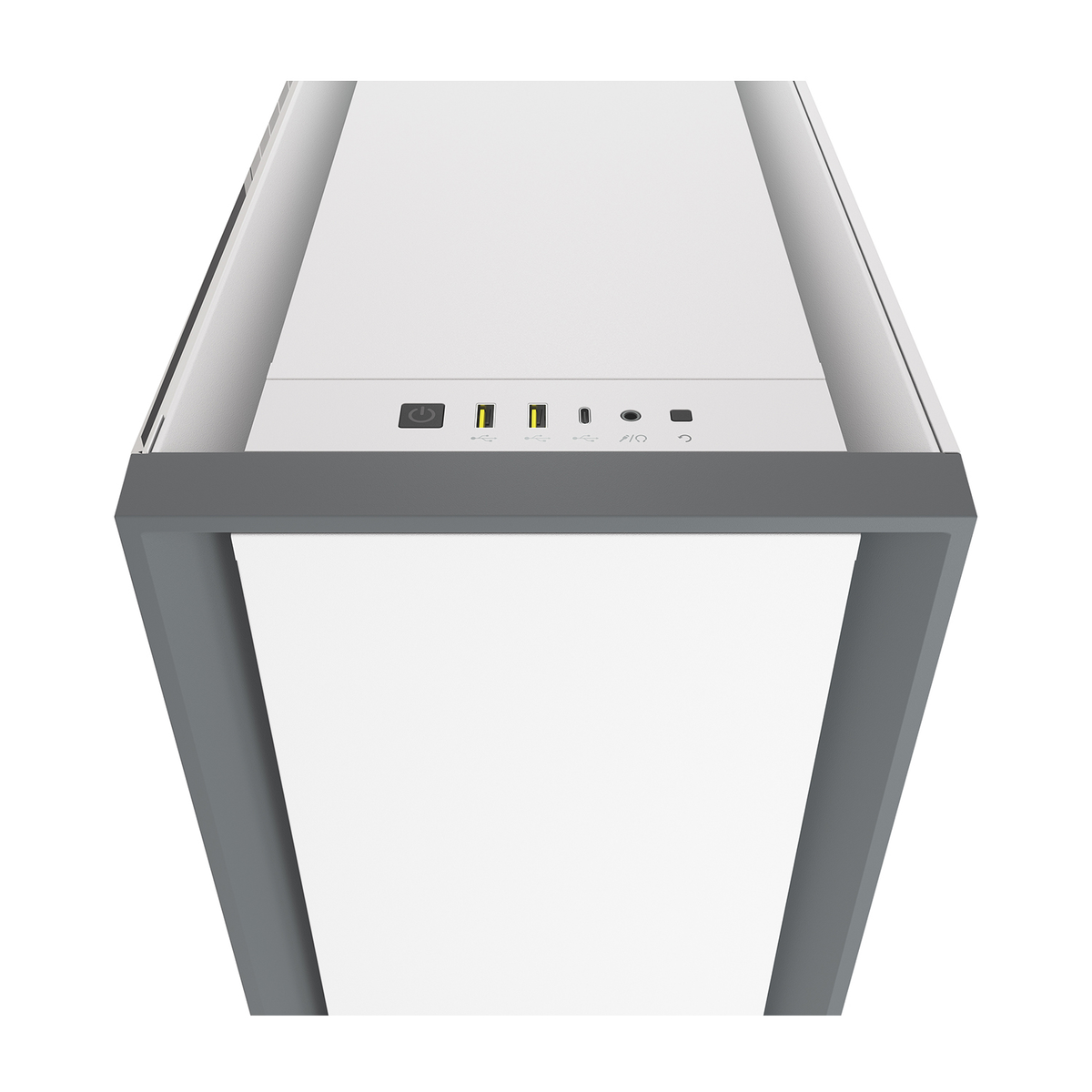 Un case per computer bianco con porte in alto. Le prese di alimentazione, USB e audio sono visibili.