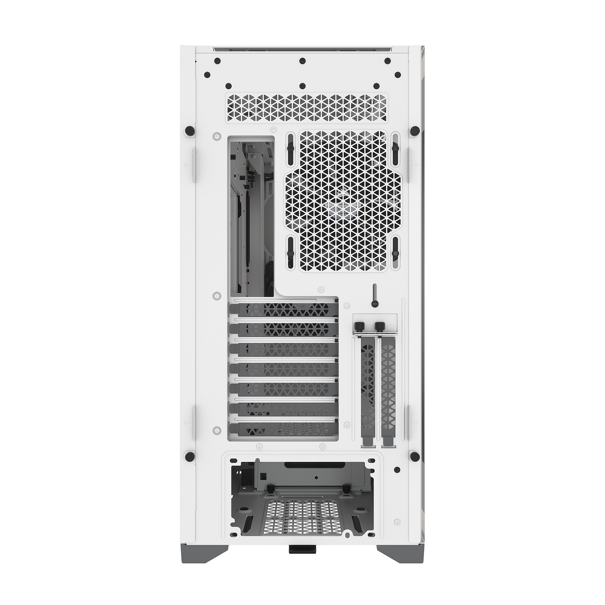 Case per computer, bianco con retro aperto. Griglia e ventola visibili.