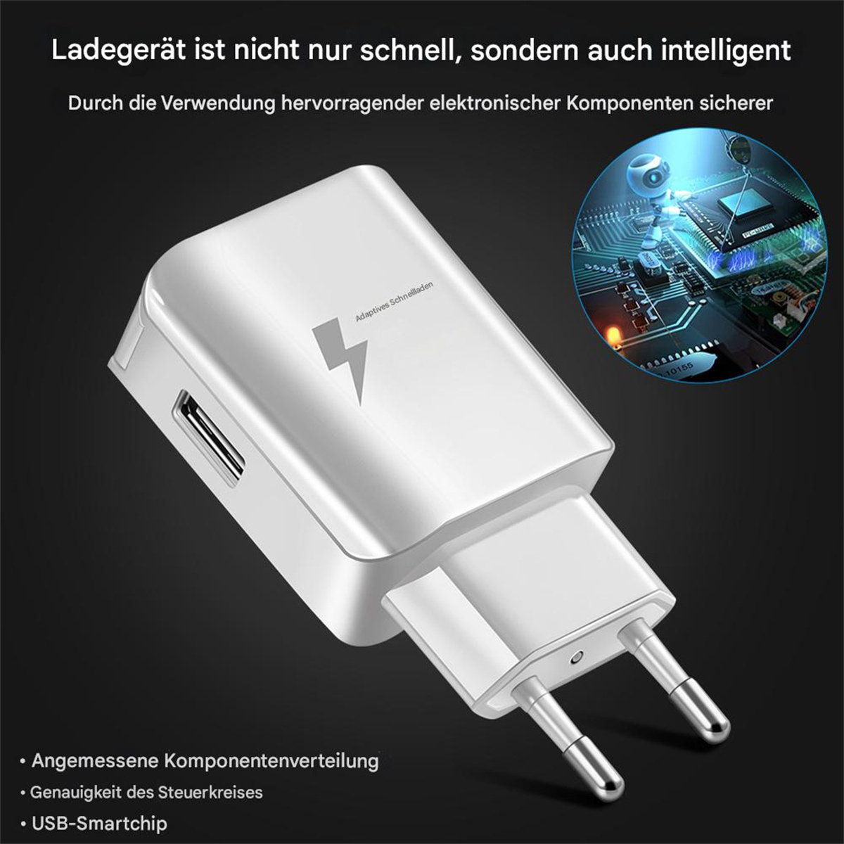 Weißes und silbernes Ladegerät mit Stecker auf dunklem Hintergrund.