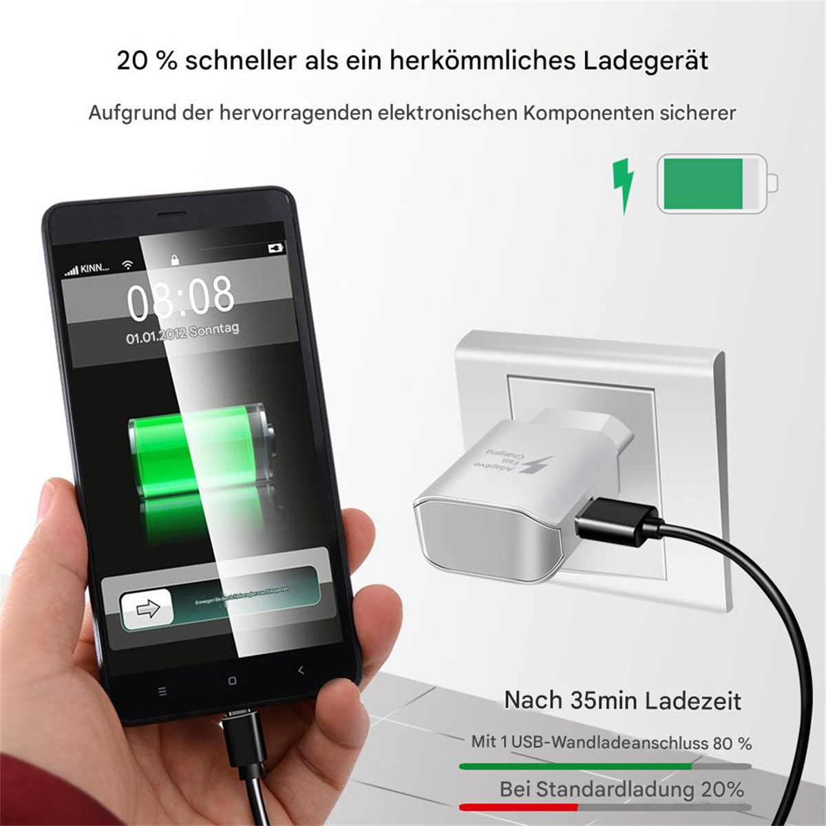 Telefon lädt mit Ladegerät. Text zeigt den Batteriestatus.