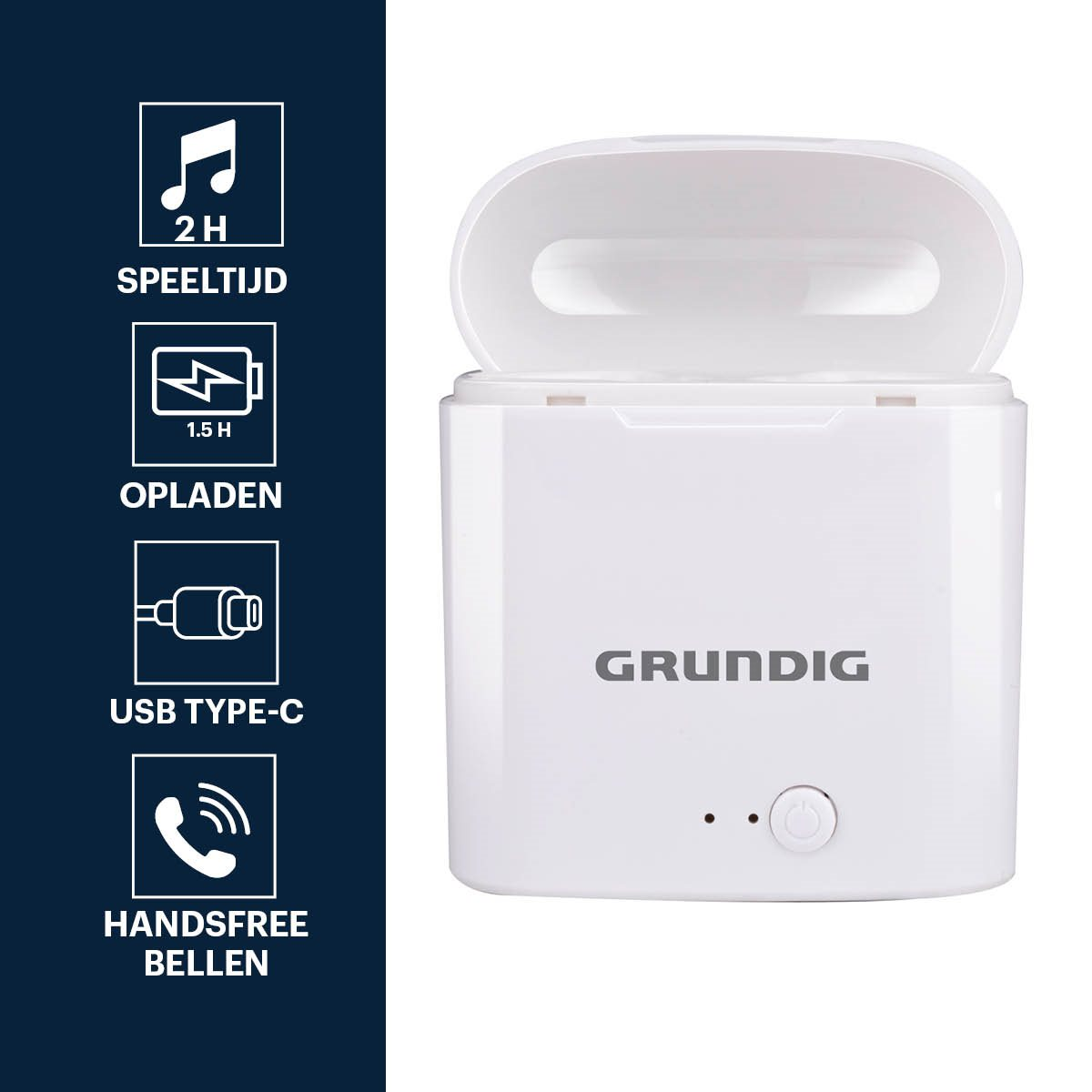 Weißes Grundig Ladecase für Ohrhörer. Text: 2H Spielzeit, 1,5H Laden, USB-C, Freisprechen.