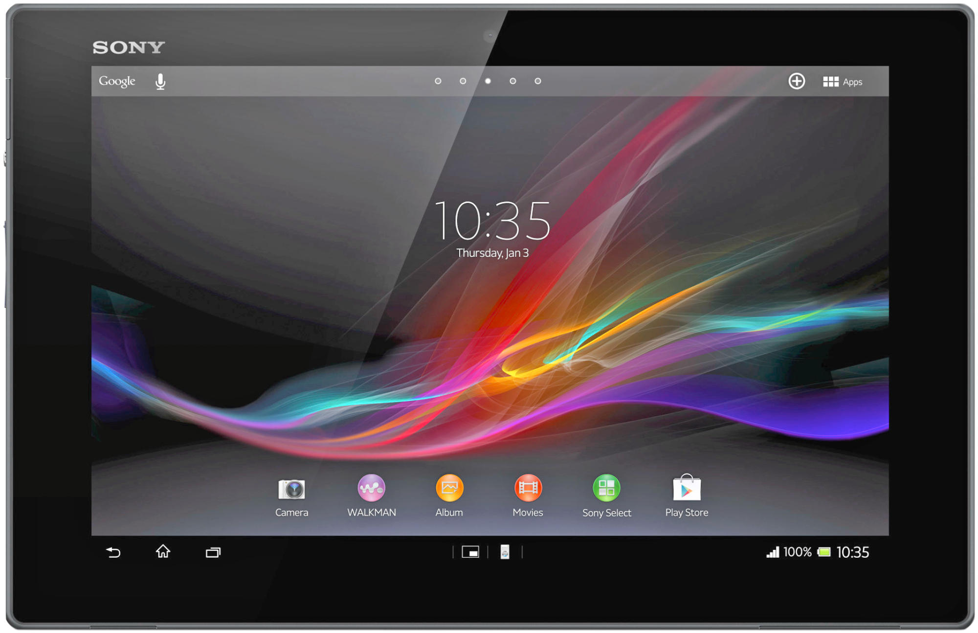 Sony Tablet zeigt Benutzeroberfläche. Zeigt Uhrzeit und App-Symbole auf buntem Hintergrund.