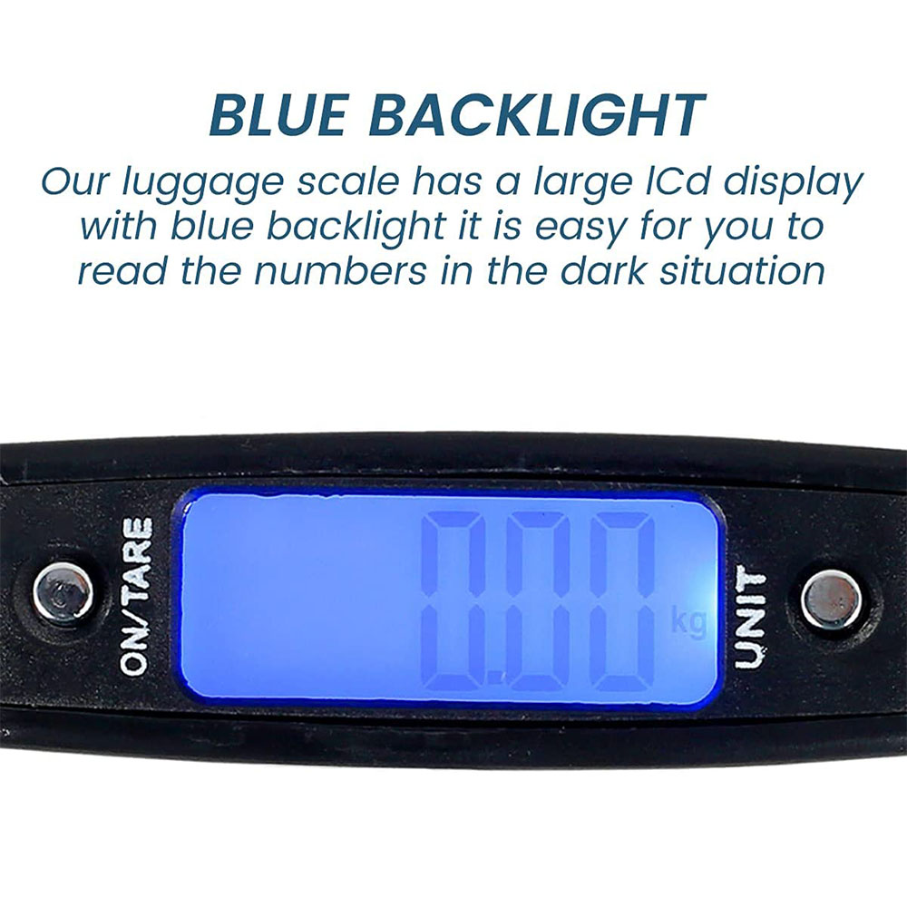 Schwarze Gepäckwaage mit blauem Display, das 0,00 kg und weißen Text anzeigt.