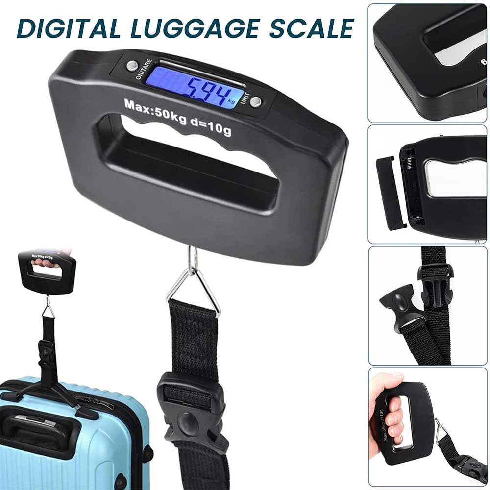 Digitale Gepäckwaage, schwarz, mit Gewichtsanzeige. Inklusive Riemen, Griff und verschiedene Details.