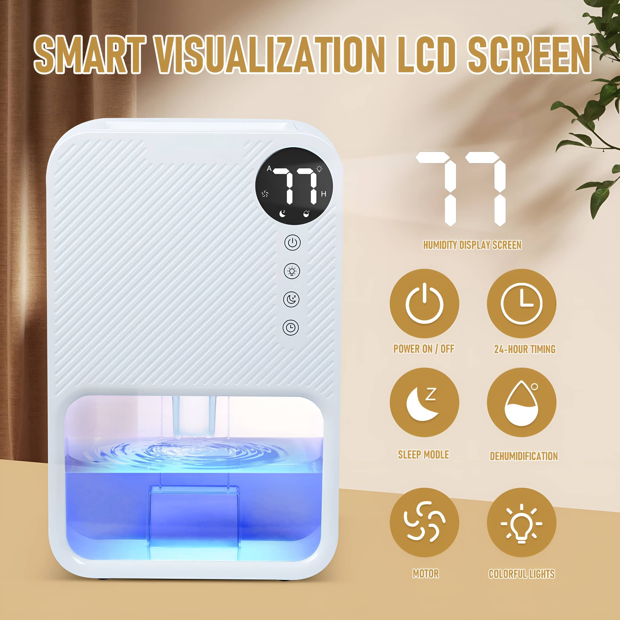 Weißer Luftbefeuchter mit digitalem Display. Text: Smart Visualization LCD Screen. Zeigt Temperatur und Symbole.