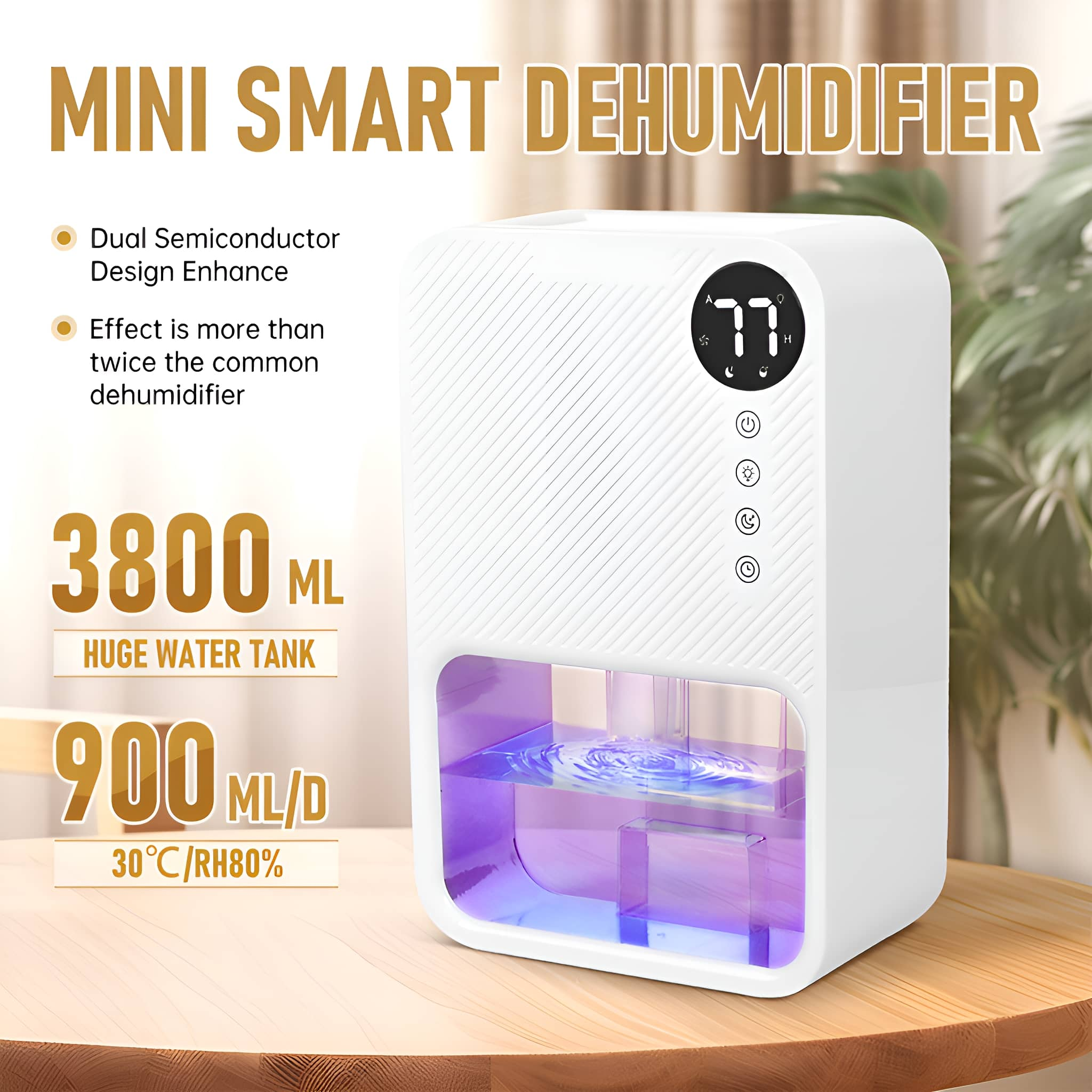 Ein weißer Mini-Luftentfeuchter mit Display und blauem Licht im Wassertank.