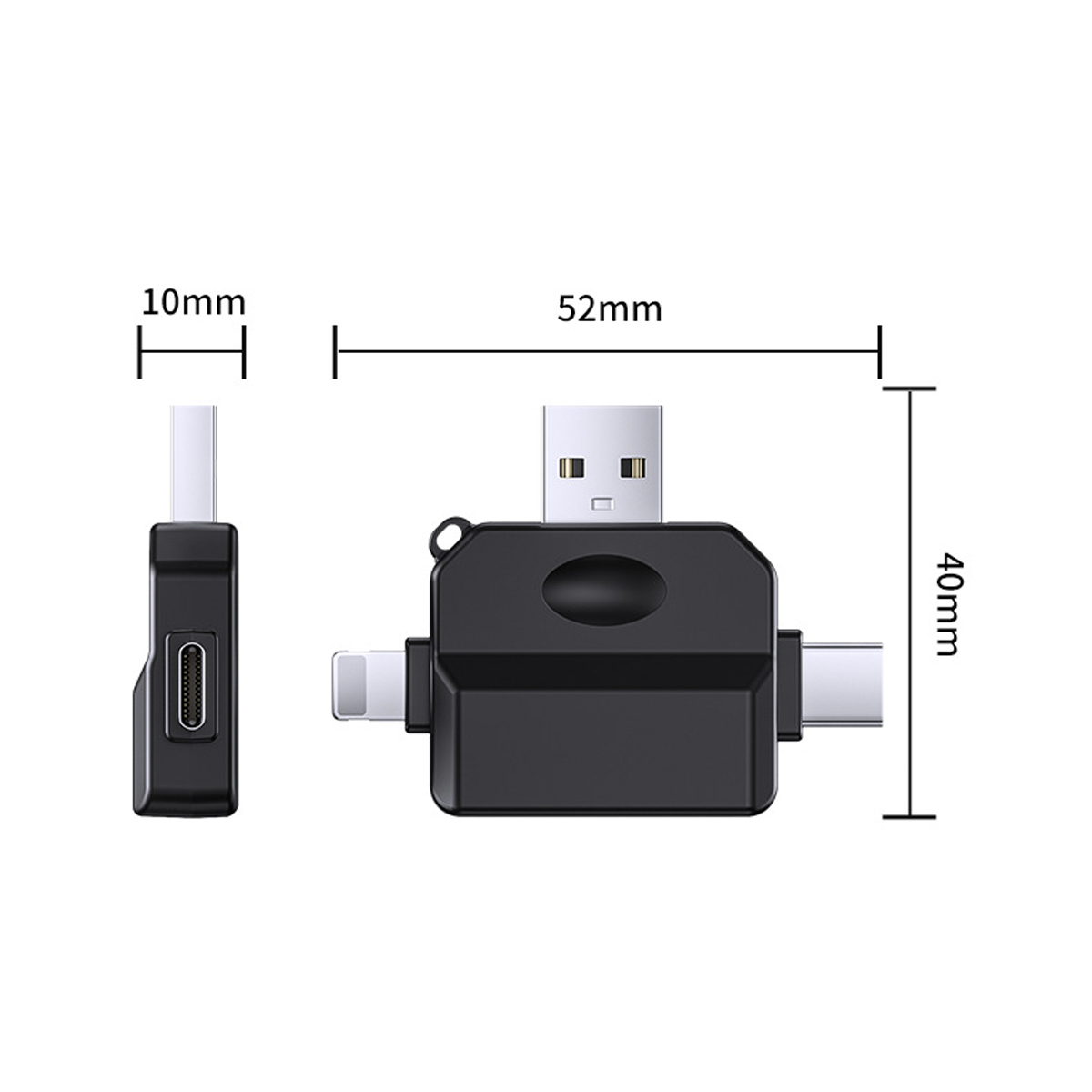 Schwarzer Multi-Anschluss mit USB-, Typ-C- und Lightning-Anschlüssen, mit Maßangaben.