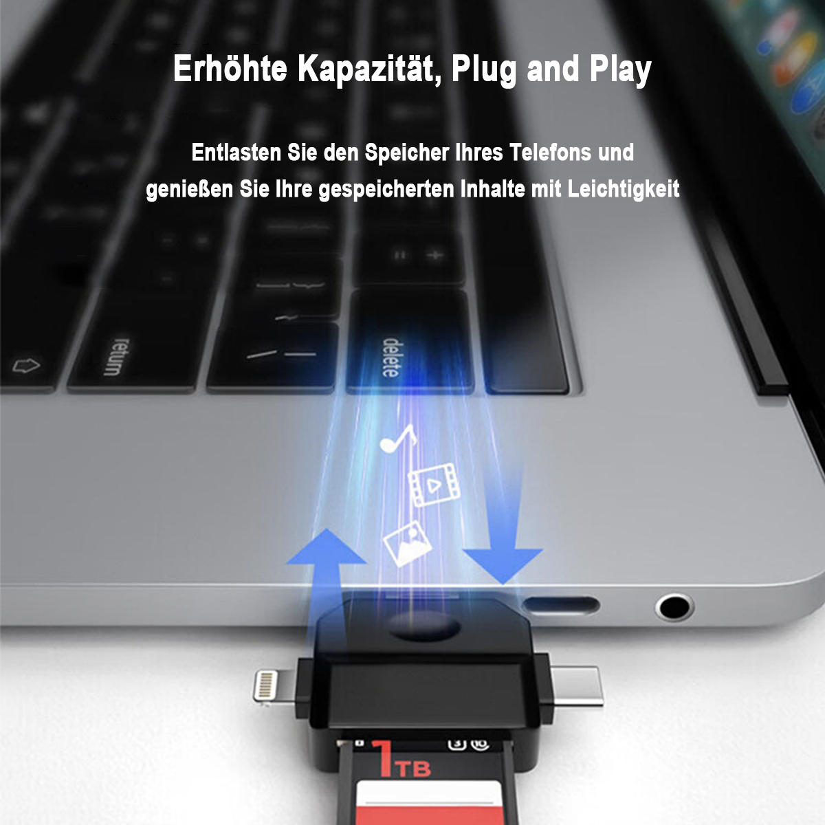 Schwarzer Adapter mit roter SD-Karte, an Laptop angeschlossen, mit Symbolen.