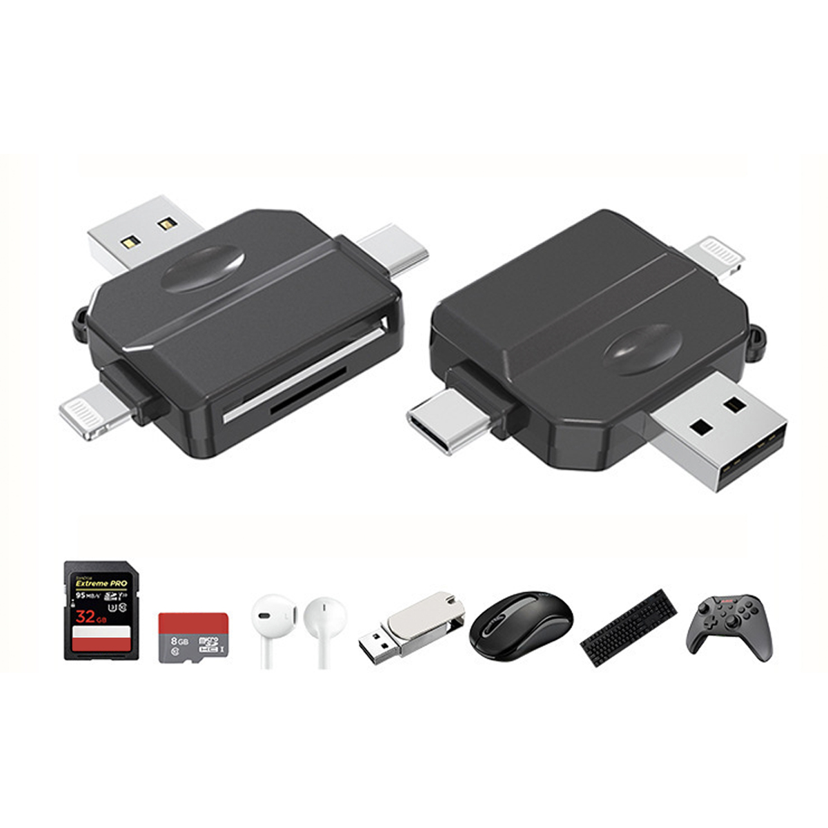 Schwarze USB-Adapter. Artikel umfassen SD-Karte, Ohrhörer, USB-Stick und Gamecontroller.