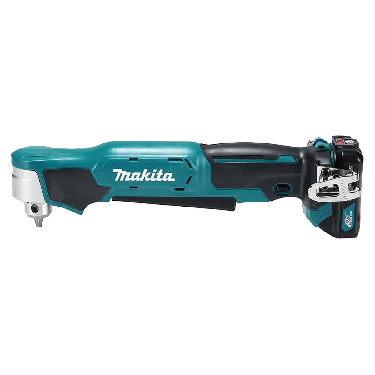 Un taladro angular inalámbrico Makita, verde azulado y negro, con batería.